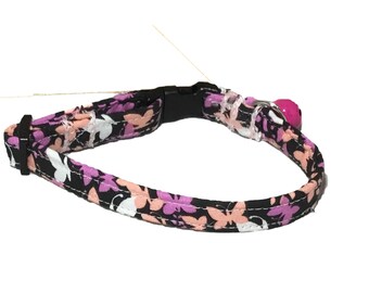 Butterfly Cat Collar with Pink Bell - Peach, Pink, White on Black Butterfly Fabric - Breakaway - Name Personalization & Bow Upgrade