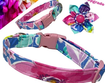 Blue & Pink Floral Pet Collar - Spring and Summer Style for Girl Dogs or Cats - Personalized Name, Flower Accessory,  Leash Upgrades