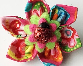 Pink and Green Spring Flower with Ladybug for Girl Dog or Cat Collar