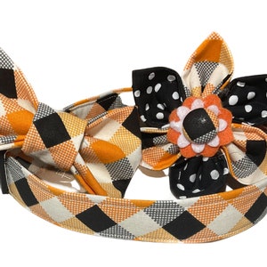 Orange & Black Diagonal Plaid Halloween Collar for Dogs or Cats with Attachable Flower or Bow Tie - Buckle or Martingale Option