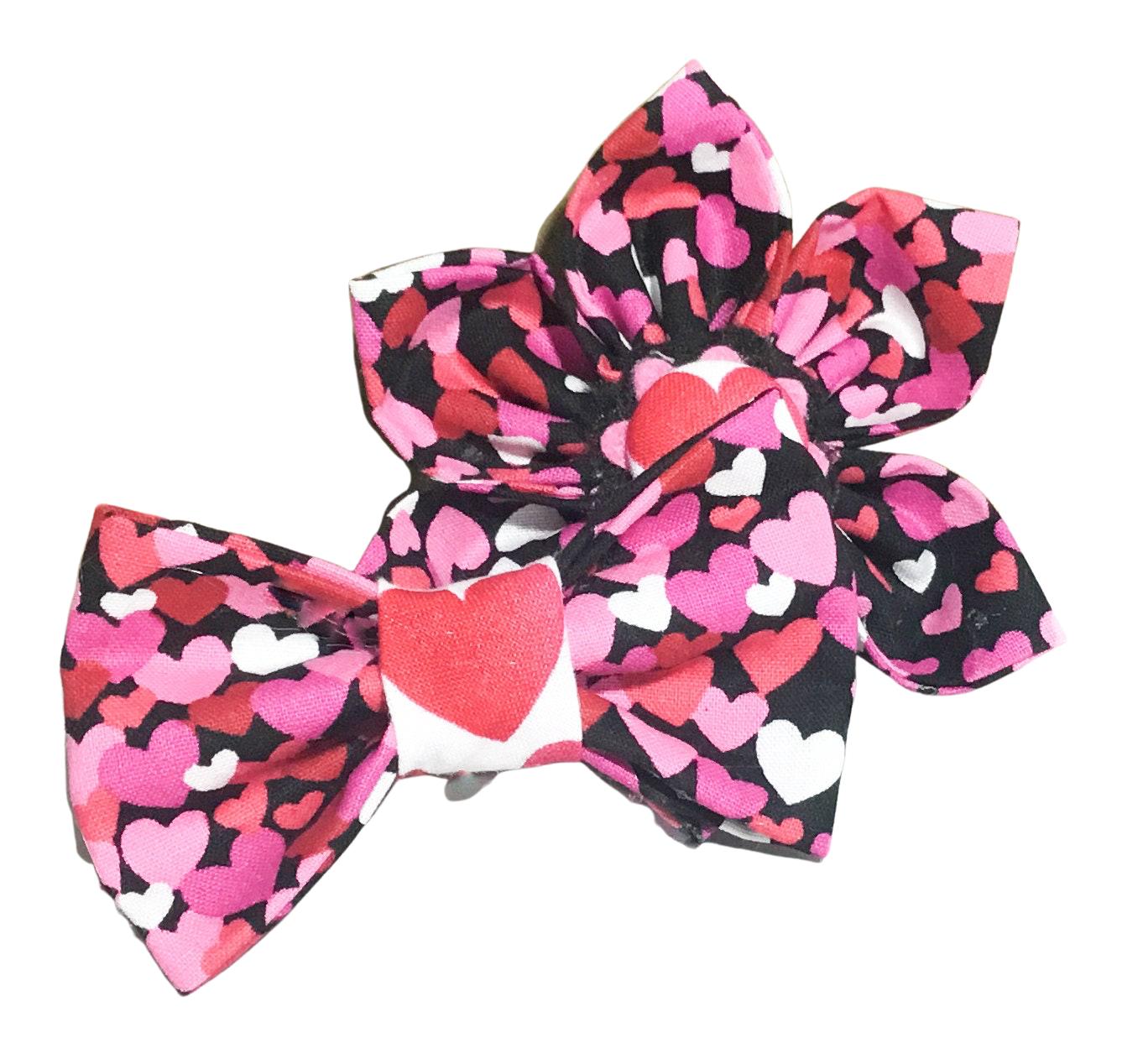 Heart Valentine's Day Bow For Dog Or Cat Collar- Red, Pink, White Hearts On Black Tie Flower - Attachable Collar Accessory