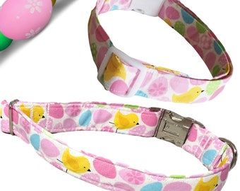 Pink Easter Egg & Chics Collar for Dogs and Cats- Spring Pet Accessory- Custom Made Pet Gift - Buckle Hardware Options