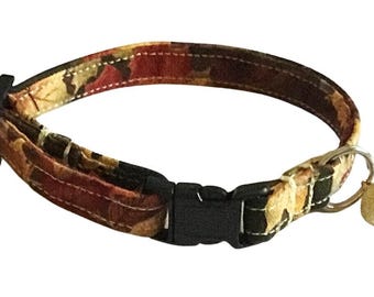 Autumn Leaves Breakaway Cat Collar with Bell - Fall Collars - Attachable Flower or Bow Tie Option - Fabric Collars- Custom Made