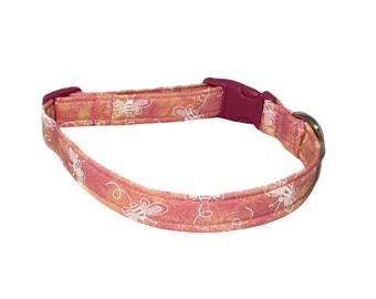 Bumble Bee Collar for Girl Dogs & Cats- Pink Buckle or Slip on Martingale -White Bees on Pink and Peach -Fabric Collars - Summer or Spring