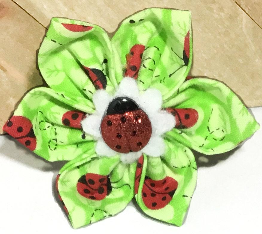 Green Flower With Red Ladybugs For Girl Dog Or Cat Collar/Xxs To Xl Attachable /Collar Accessory