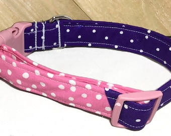 Purple Pink Polka Dot Dog or Cat Collar With Pink Buckle or Slip On Martingale