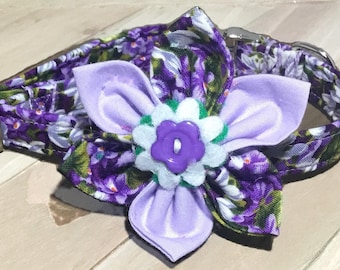 Purple Floral Collar with Flower for Girl Dog or Cat / Buckled or Martingale / Metal Buckle Upgrade / Leash Option
