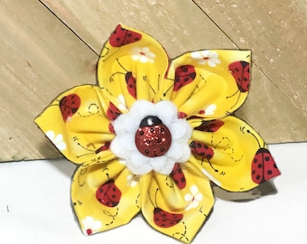 Lady Bug Flower For Female Dog and Cat Collar With Yellow Background/ Attachable Accessory For Collar