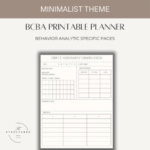 Könnte beinhalten: Ein druckbarer Planer für Verhaltensanalysten mit minimalistischem Design. Der Planer enthält Abschnitte für die direkte Beurteilungsbeobachtung, Häufigkeitsdaten und ABC-Daten.