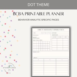 Pode incluir: Um planejador BCBA imprimível com um design "Dot Theme". O planejador inclui páginas para observação direta da avaliação e páginas específicas de análise comportamental. O design apresenta pontos coloridos e o texto "Structured BCBA".