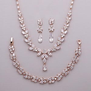 Braut Halskette Set, Rose Gold Teardrop Hochzeit Ohrringe, Tropfen Birne Ohrringe, Camilla Rose Gold Schmuck Set