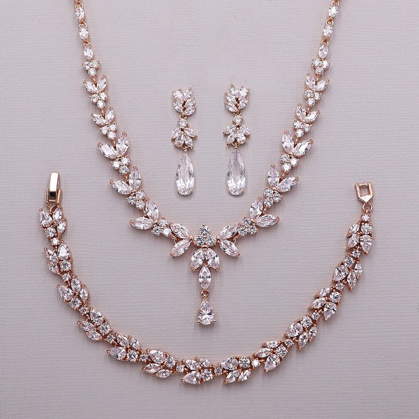 Bridal Necklace Set, Rose Gold Teardrop Wedding Earrings, tear drop pear cubic zirconia earrings, Camilla Rose Gold Jewelry Set