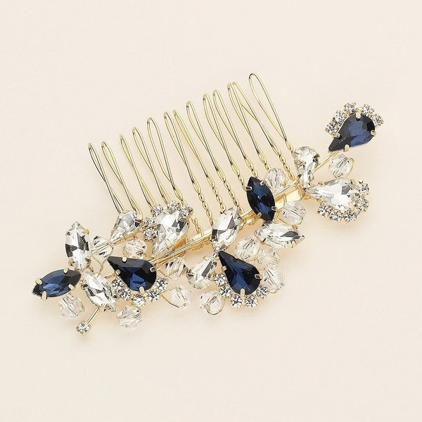 Blue Sapphire Wedding Comb Gold, Gold Sapphire Comb, Wedding Crystal Hair Comb, Carla Sapphire Gold Blue Wedding Comb