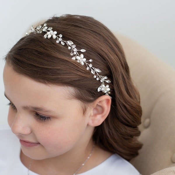 Flower Girl Hair Vine Headpiece, Girls Pearl Flower Headband, Children's Pearl Ribbon Crystal Head Piece, Blossom Flower Girl Vine Headband