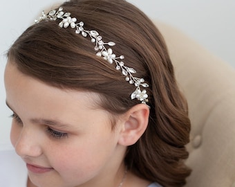 Flower Girl Hair Vine Headpiece, Girls Pearl Flower Headband, Children's Pearl Ribbon Crystal Head Piece, Blossom Flower Girl Vine Headband