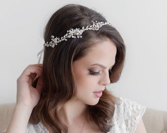 White or Ivory Silver Rhinestone Crystal Satin Ribbon Bridal Wedding Headband 