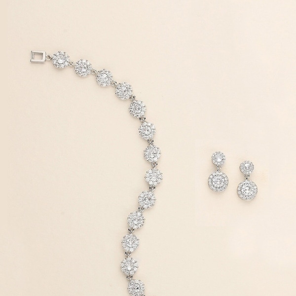 Earrings Bracelet Set, Silver Crystal wedding bracelet, Bridesmaid bracelet, cubic zirconia bracelet, bridal jewelry, Aubrie Bracelet Set