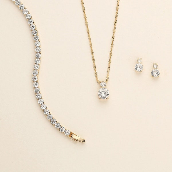 Wedding Jewelry Set Gold, cubic zirconia earrings, bridal jewelry, wedding earrings, Petite Round Gold Jewelry Set