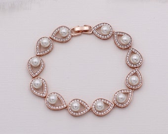Pearl Bracelet Set Rose Gold, Rose Gold wedding bracelet, rhinestone crystal bracelet, Annabel Rose Gold Pearl Bracelet Set