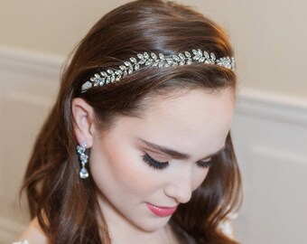 Silver Bridal Headband, Bridal Ribbon Headband, Crystal Ribbon Headband, Wedding Headpiece, Silver Leaf Ribbon Headband