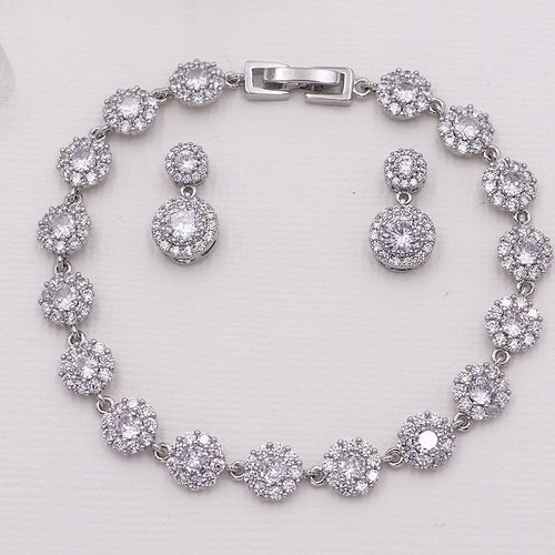 Earrings Bracelet Set Silver Crystal Wedding Bracelet Etsy