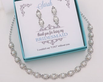 Bridesmaids Pearl Wedding Jewelry Set, Rhinestone pearl necklace set, bridal jewelry, Becca Bridesmaids Pearl Jewelry Set