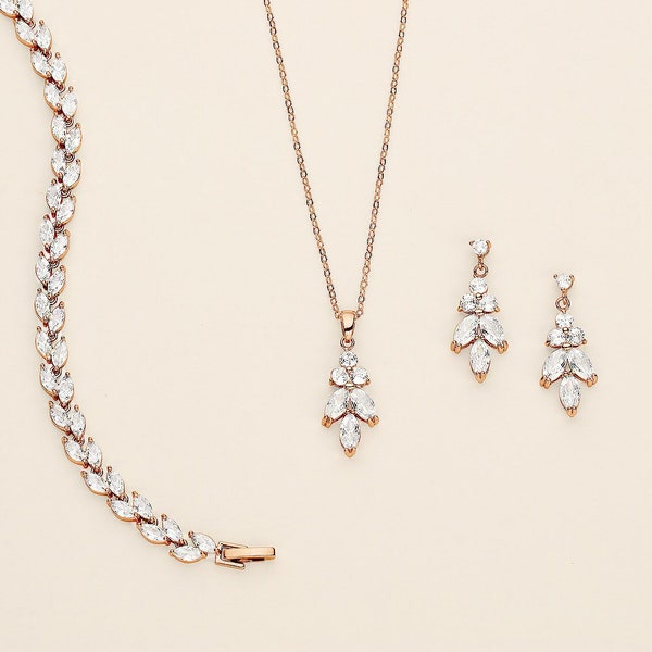 Wedding Jewelry Set Rose Gold, Bridesmaid Jewelry Set, Brides Jewelry Set, Leaf Drops Rose Gold Bracelet and Earrings Set