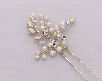 Gold Pearl Hairpin, crystal wedding hair pin, pearl hair pin, pearl rhinestone hairpin, bridal hairpin, Gold Pearl Twigs Hairpin