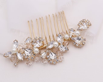 Gold Pearl Comb, Pearl Comb Gold, Rhinestone Comb, Bridal Comb Crystal, Wedding Crystal Hair Comb, Carla Gold Pearl Comb