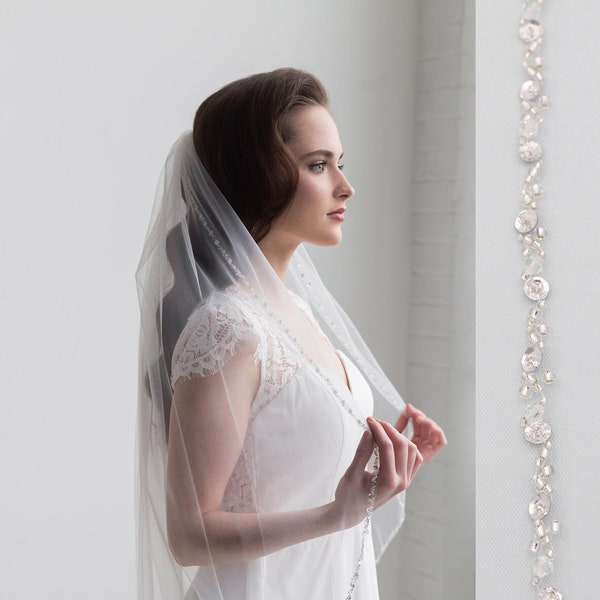 Crystal Wedding Veil, Crystal Beaded Veil, Beaded Wedding Veil, Fingertip Veil, Cathedral Veil, Crystal Edge Wedding Veil