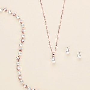 Pearl Stud Earrings Jewelry Set Rose Gold, Bridesmaid Jewelry, Pearl Jewelry Bridesmaid Gift, Jennifer Pearl Rose Gold Jewelry Set