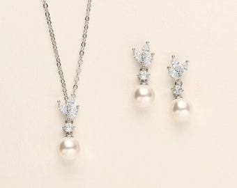 Conjunto de joyas de boda de perlas, conjunto de joyas de dama de honor, conjunto de joyas de dama de honor de perlas, aretes de víspera y conjunto de collares