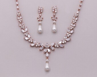 Rose Gold Bridal Jewelry Set Pearl CZ 
