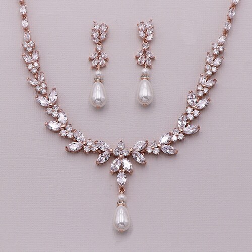 Rose Gold Bridal Jewelry Set Pearl CZ 