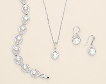 Pearl Necklace Set, Pearl wedding bracelet, Pearl Wedding Jewelry Set, Annabel Silver Pearl Jewelry Set
