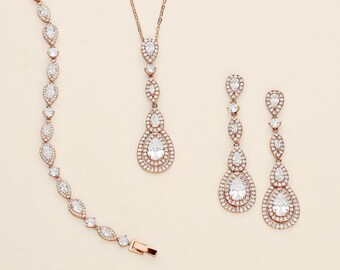 Long Rose Gold Jewelry Set, Wedding Jewelry Set, cubic zirconia earrings, Aimee Rose Gold Earrings Necklace and Bracelet Jewelry Set