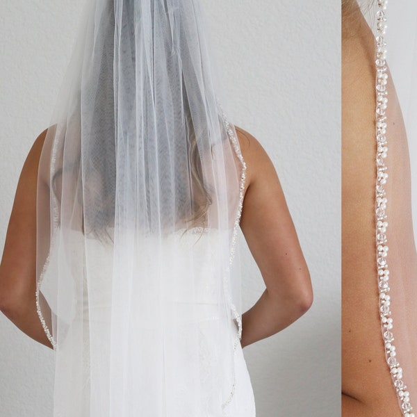 Pearl Beaded Veil, Crystal and Pearl Beaded Veil, Beaded Wedding Veil, Fingertip Veil, Cathedral Veil, Pearl Beaded Edge Wedding Veil