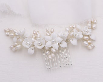 Porcelain Flower Wedding Hair Comb, Clay Flower Hair Comb, Porcelain Flower Comb, Bridal Hair Comb, Tori Flower Comb