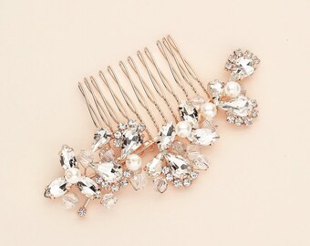 Rose Gold Pearl Comb, Rhinestone Comb, Bridal Comb Crystal, Wedding Crystal Hair Comb, Carla Rose Gold Pearl Comb