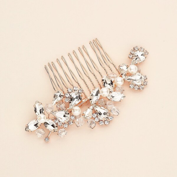 Rose Gold Pearl Comb, Rhinestone Comb, Bridal Comb Crystal, Wedding Crystal Hair Comb, Carla Rose Gold Pearl Comb