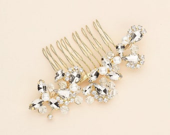 Gold Pearl Comb, Pearl Comb Gold, Rhinestone Comb, Bridal Comb Crystal, Wedding Crystal Hair Comb, Carla Gold Pearl Comb