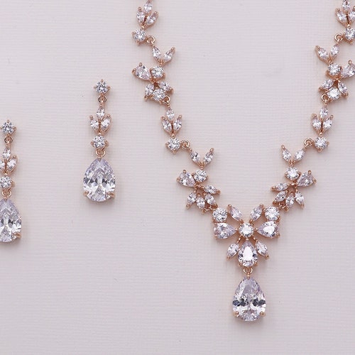 Rose Gold Jewelry Set CZ Wedding Necklace Set Bridal | Etsy