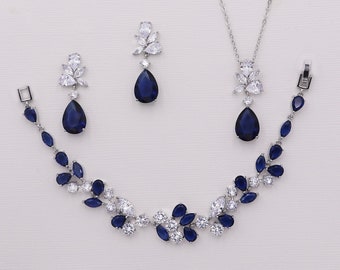 Sapphire Necklace Set, Blue Sapphire Jewelry Set, blue bridal jewelry, teardrop wedding earrings, Natalia Sapphire Jewelry Set