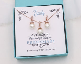 Rose Gold Bridesmaid Pearl jewelry set, CZ Pearl Bridesmaid Necklace Set, Bridesmaids Jewelry Gifts, Kristen Rose Gold Bridesmaids Set DISC