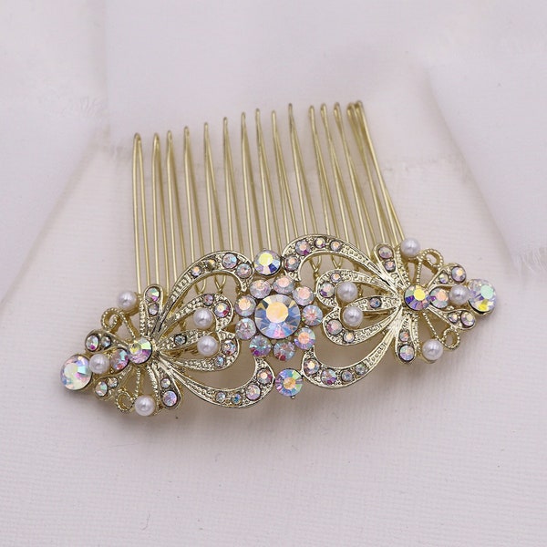 AB Crystal Wedding Comb Gold, Aurora Borealis Bridal Comb pearl, Wedding Crystal Hair Comb, Wedding Accessory, Jayla Gold AB Pearl Comb