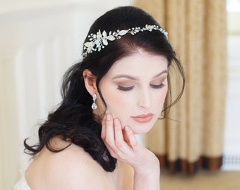 Wedding Hair Vine, Bridal Wedding Headpiece Vine, Flexible Handmade Crystal Head Piece,  Elianna Silver Leaf Hair Vine