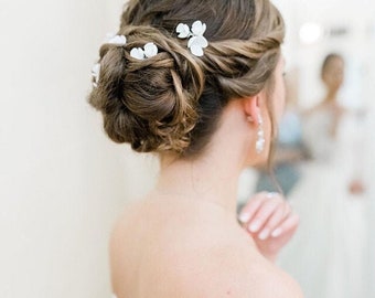 Clay Flower Wedding Hair Pin Set, Flower Crystal Hair Pin, Bridal Hairpins, Wedding Hairpin, bridal hair pearl, Angie Flower Hairpin Set