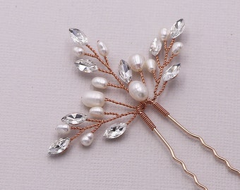Crystal freshwater pearl wedding hair pin Rose Gold, bridal hair accessories, Sold Individually, Aryana Pearl Rose Gold Hairpin