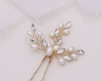 Crystal freshwater pearl wedding hair pin Gold, bridal hair accessories, Sold Individually, Aryana Pearl Gold Hairpin