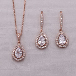 Rose Gold Wedding Earrings Necklace Set, Crystal Jewelry Set, Halo Teardrop Jewelry Set, Malania Rose Gold Earrings and Necklace Set